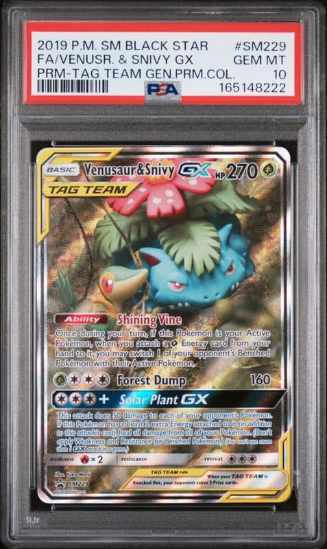 2019 POKEMON SM BLACK STAR PROMO #SM229 FULL ART/VENUSAUR & SNIVY GX PSA 10