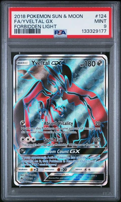 2018 POKEMON SUN & MOON FORBIDDEN LIGHT #124 FULL ART/YVELTAL GX PSA 9