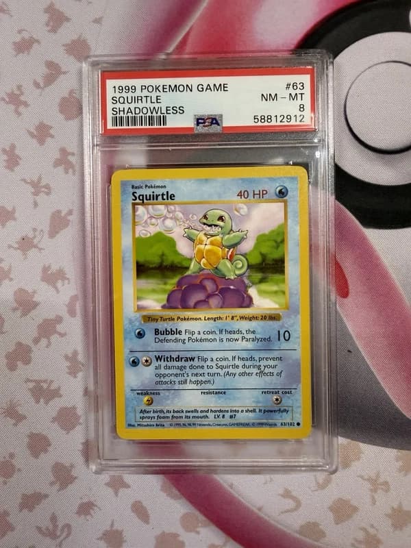 Squirtle 63/102 Base Set Shadowless PSA 8 Pokemon Card