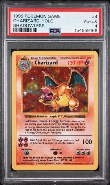 1999 POKEMON BASE SET SHADOWLESS #4/102 CHARIZARD HOLO PSA 4 VG-EX