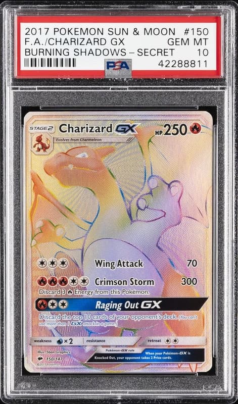 2017 POKEMON SUN & MOON BURNING SHADOWS SECRET #150 FULL ART/CHARIZARD GX PSA 10