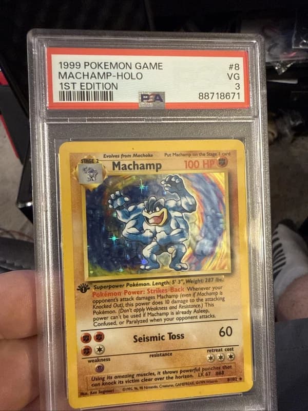 1999 POKEMON GAME 1ST ED #8 MACHAMP-HOLO PSA 3 MK