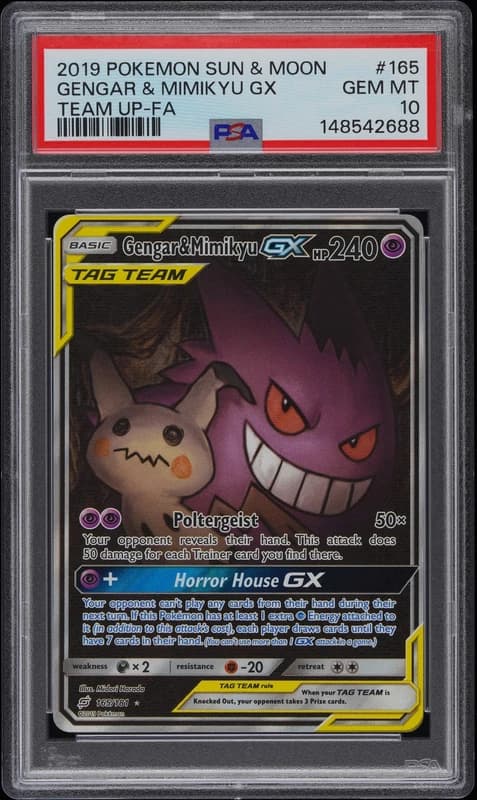 2019 POKEMON SUN & MOON TEAM UP #165 FULL ART/GENGAR & MIMIKYU GX PSA 10