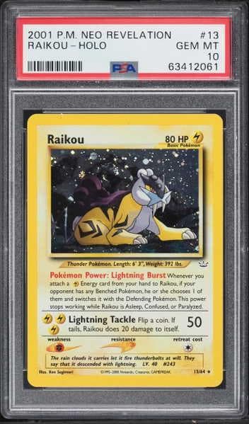 2001 Pokemon Neo Revelation Holo Raikou #13 PSA 10 GEM MINT