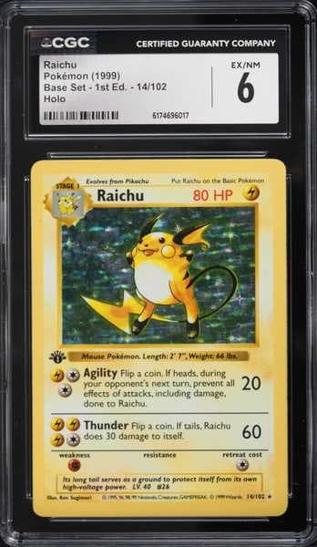 1999 Pokemon Base Set Shadowless 1st Edition Holo Raichu #14 CGC 6 EXMT