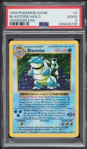 1999 Pokemon Base Set Shadowless Holo Blastoise #2 PSA 2 GD