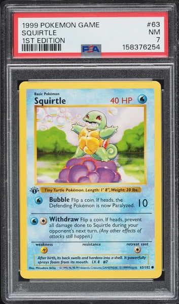 1999 Pokemon Base Set Shadowless 1st Edition Squirtle #63 PSA 7 NRMT